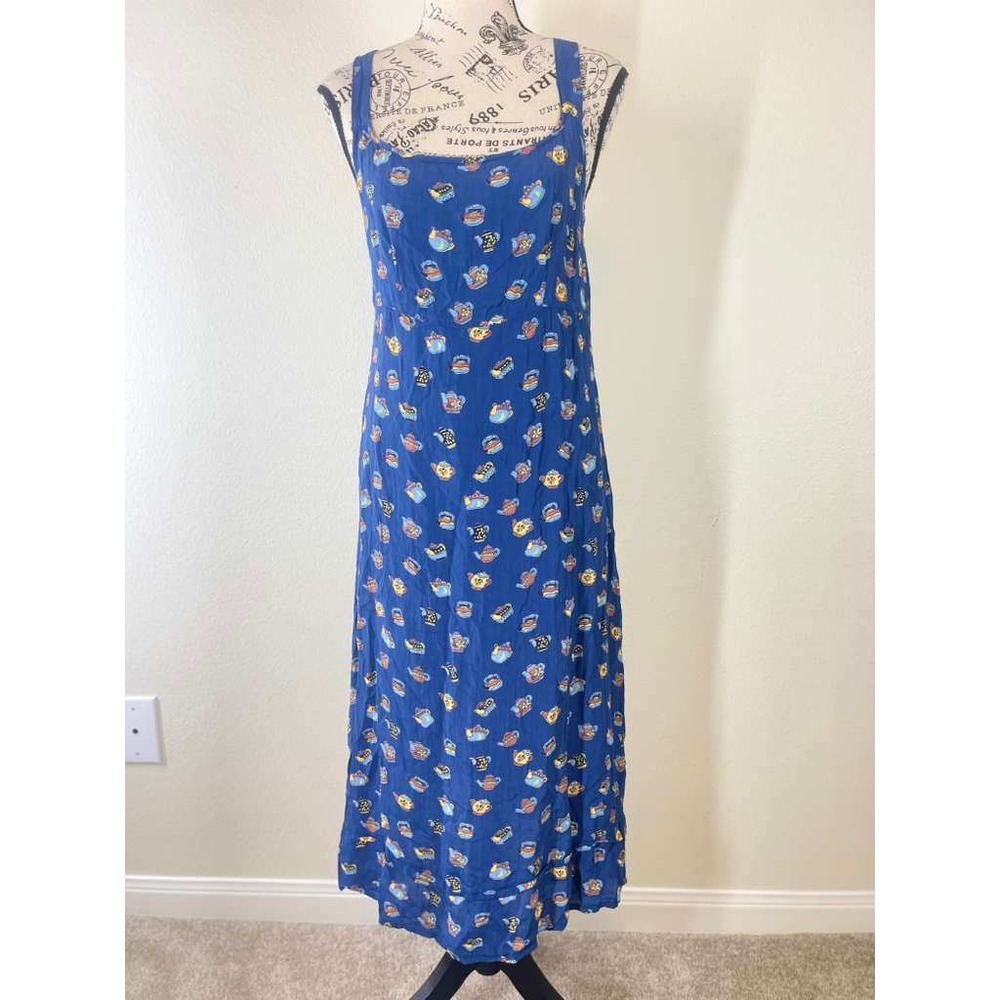 VTG Daniel K Blue Teapot Print Rayon Maxi Dress Small Sleeveless Square Neck
